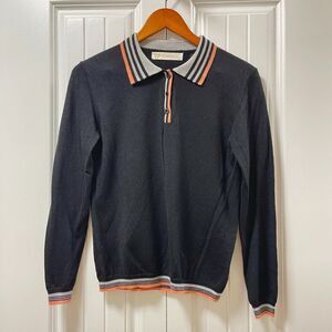 Vintage Camela Merino Wool Button-Collared Long Sleeve Polo Black Pink